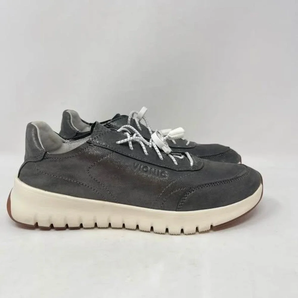 Vionic Uptown Leather Loafer Sneakers Gray Metallic Women 8 Orthotic Support